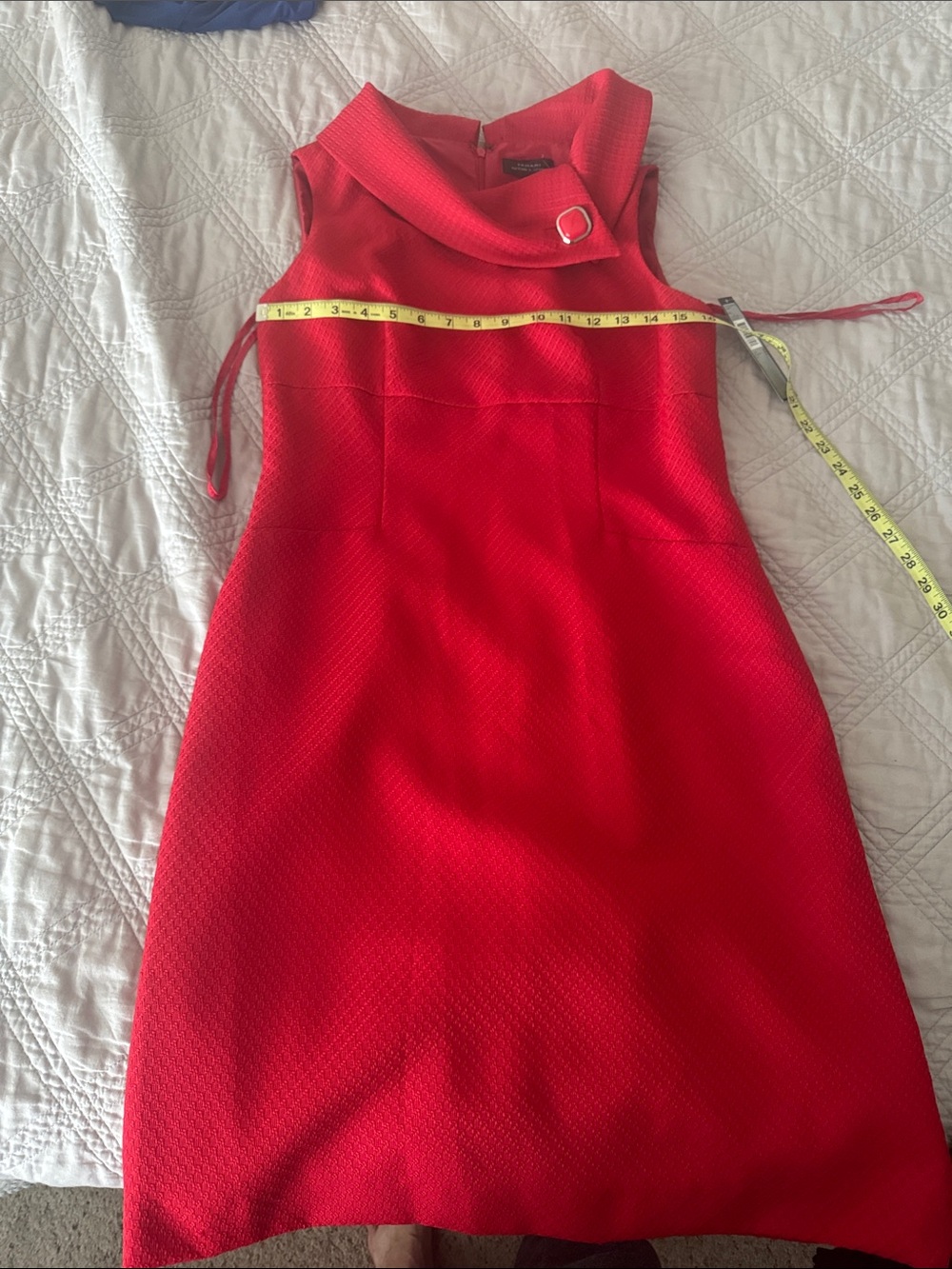 Tahari Vibrant Red Sleeveless Midi Sheath Dress with Buckle Accent